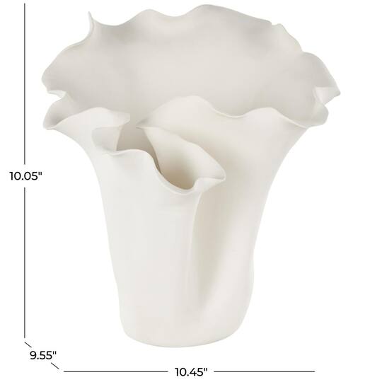 10.5" White Ceramic Abstract Floral Vase with Wavy Folded Rim